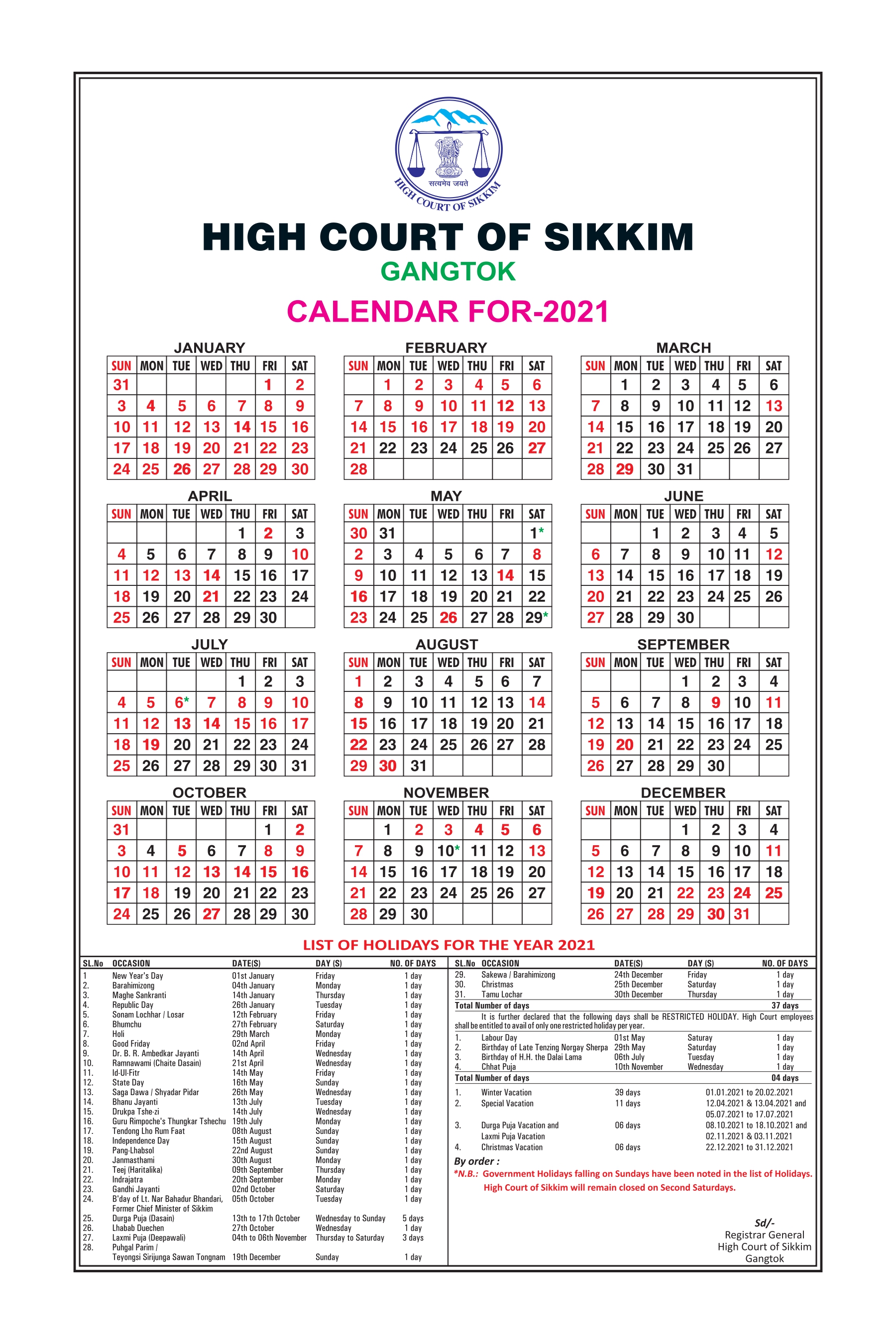 Calendar High Court of Sikkim